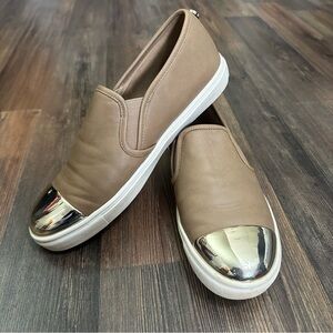 Steve Madden Taupe Slip-On Sneakers with Gold Cap Toe